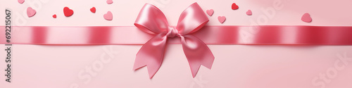 wrapped valentine's day gift and bow tied on pink background with red ribbon copy space.
