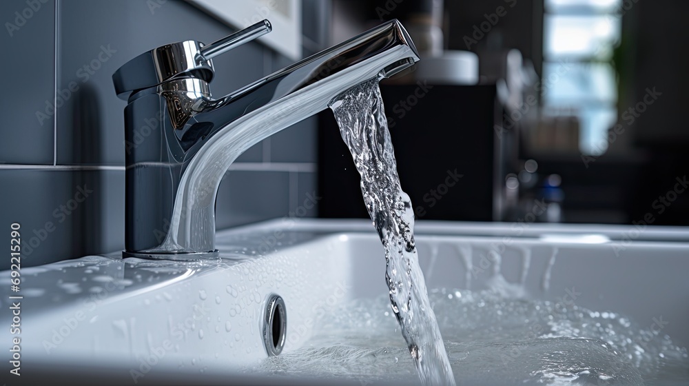 Clean Kitchen Sink with Running Water in a Domestic Household. Generative AI Clean Kitchen Sink with Running Water in a Domestic Household. Generative AI