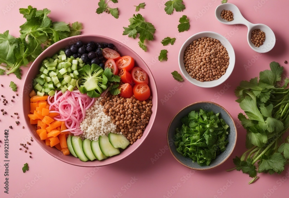 Vegan Buddha or poke bowl salad with buckwheat vegetables and seeds on pink background Vegan Buddha or poke bowl salad with buckwheat vegetables and seeds on pink background