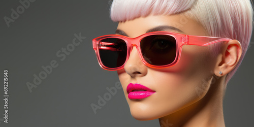 Portrait of a stylish model in pink glasses. Advertising glasses store, hairdressing salon.