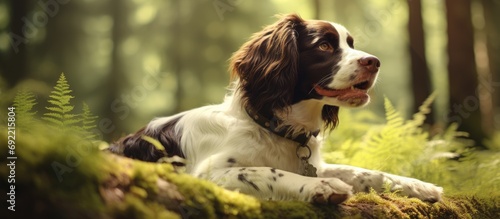 Beautiful dog english springer spaniel on a walk in the forest. Copy space image. Place for adding text or design photo