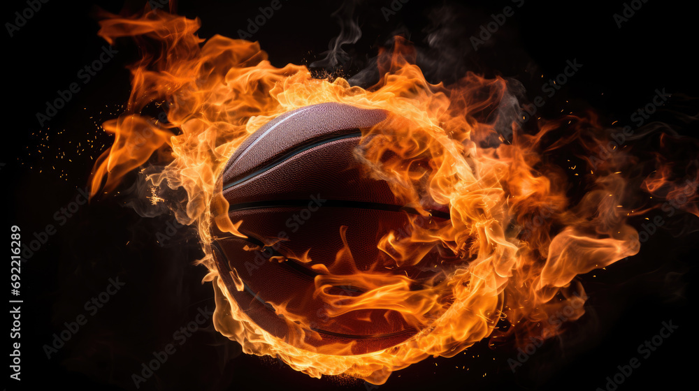 An intense and dramatic image capturing a sport ball engulfed in flames against a stark black background, radiating energy and passion.