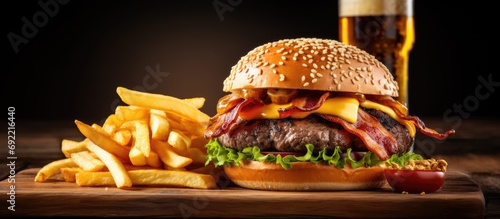 bacon cheeseburger on toasted pretzel bun served with fries and beer shot with selective focus. Copy space image. Place for adding text or design photo