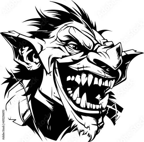 Black and White Vector Graphic of Goblin Laughing