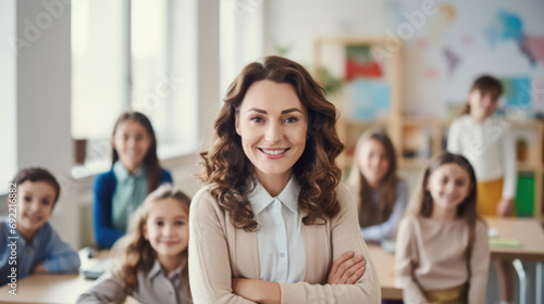 Smiling Teacher in Elementary School Classroom