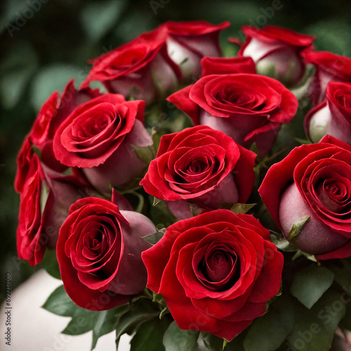 Bouquet of red roses closeup with bokeh