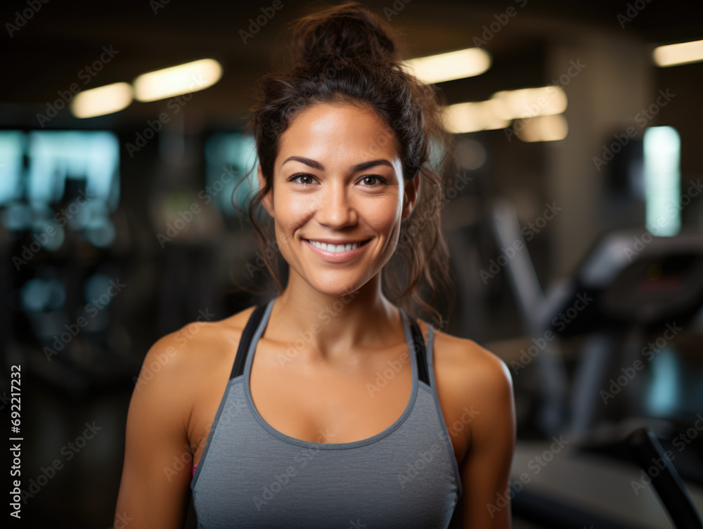 Portrait of a female fitness trainer in a gym, standing by exercise equipment and smiling at the camera