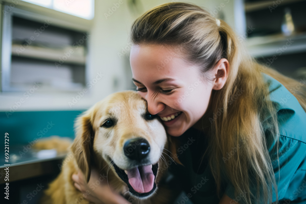 A joyful veterinarian hugging a smiling golden retriever in a clinic. A joyful veterinarian hugging a smiling golden retriever in a clinic.
