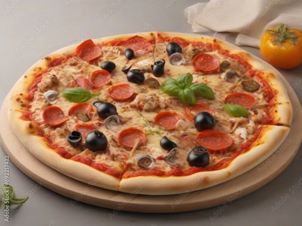Fresh pizza on wooden table closeup Fresh pizza on wooden table closeup