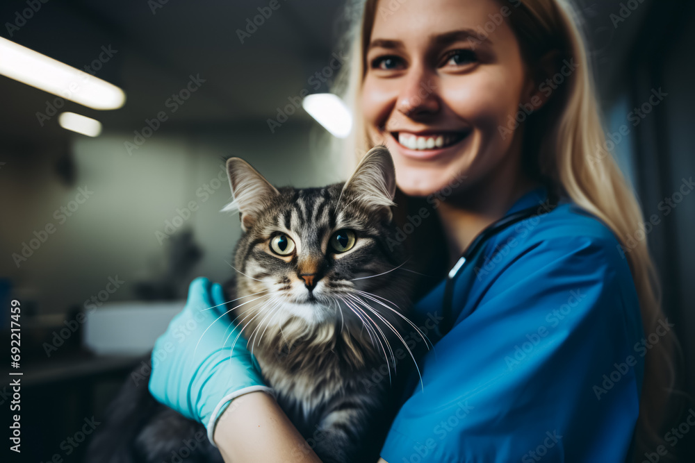 A joyful female veterinarian in blue scrubs is holding a striped cat in a clinic setting, both looking towards the camera. A joyful female veterinarian in blue scrubs is holding a striped cat in a clinic setting, both looking towards the camera.
