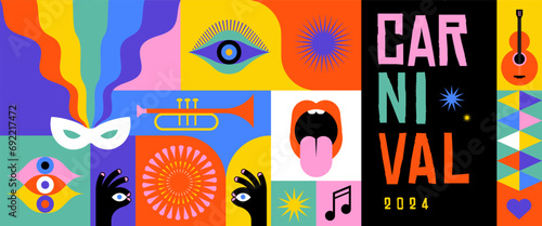 Happy Carnival, colorful geometric background with splashes, speech bubbles, masks and confetti 