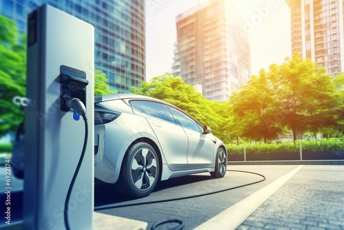 Eco power. electric vehicle charging station with power cable supply plugged station, EV charging station, green energy, blue power, electric energy, technology and EV Car concept  photo