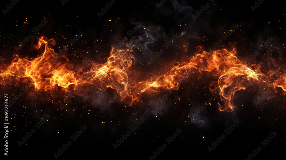 Realistic isolated fire effect for decoration and covering on black background. Concept of particles , sparkles, flame and light on white background 