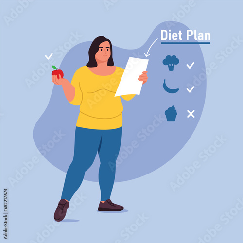 Vector illustration of a chubby girl who wants to lose weight. Cartoon scene of a plump girl holding in her hand a sheet with a diet plan with healthy nutrition and checkmarks of healthy foods.