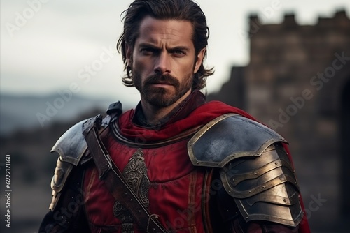 Portrait of a medieval knight in red armor against the backdrop of the castle