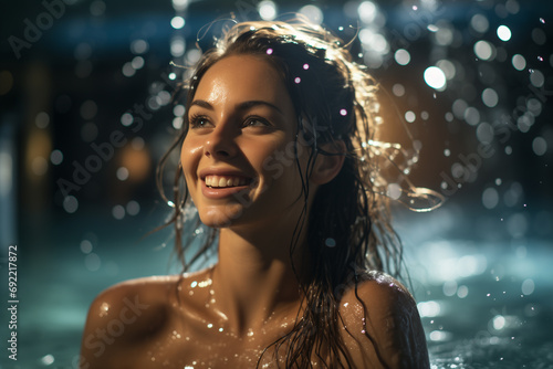 Bella donna sorridente in una piscina in un centro termale con spruzzi di acqua e gocce di notte photo
