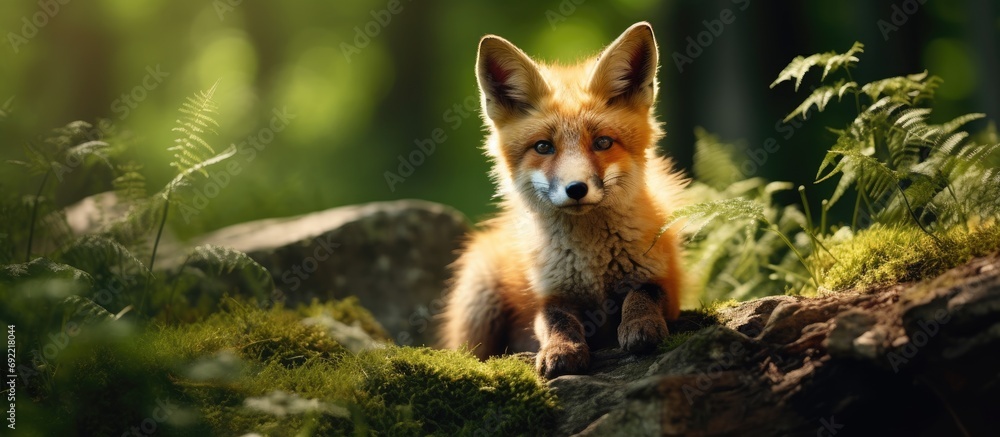 Amazing red fox in natural environment Carpathian forest Slovakia. Copy space image. Place for adding text or design Amazing red fox in natural environment Carpathian forest Slovakia. Copy space image. Place for adding text or design