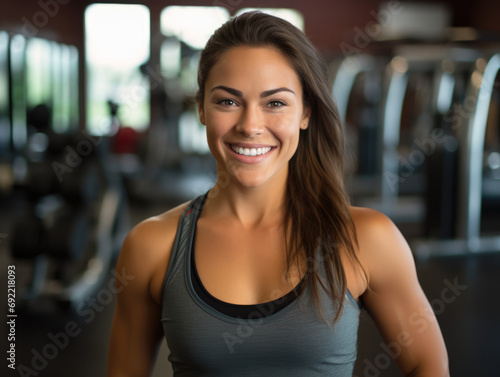 Free Download Portrait of a female fitness trainer in a gym, standing by exercise equipment and smiling at the camera - GFXLoad