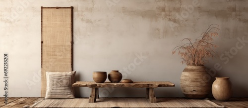 Beautiful boho style room interior view with rough walls and elegant wooden panel jute carpet braided Tatami cushion seat or round pouf vase with sables and wooden breakfast table. Copy space image