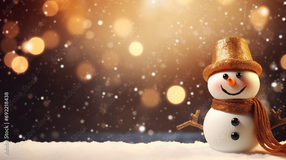 A delightful snowman adorned with a golden hat and scarf, nestled in a snowy and golden environment, creating a picturesque winter scene. Perfect for personal messages, greeting cards, and company car