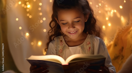 Young Girl Reading Bible with Joyful Expression