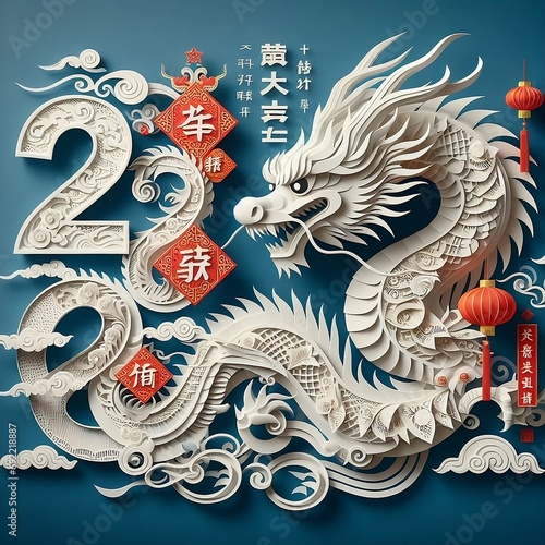 Chinese phrase means Year of the Dragon according to lunar calendar. Chinese New Year of the Dragon 2024 with paper art dragon  created with generative ai photo