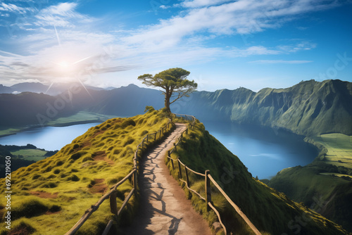  Mountain landscape with hiking trail and view of beautiful lakes Ponta Delgada, Sao Miguel Island, Azores, Portugal. photo