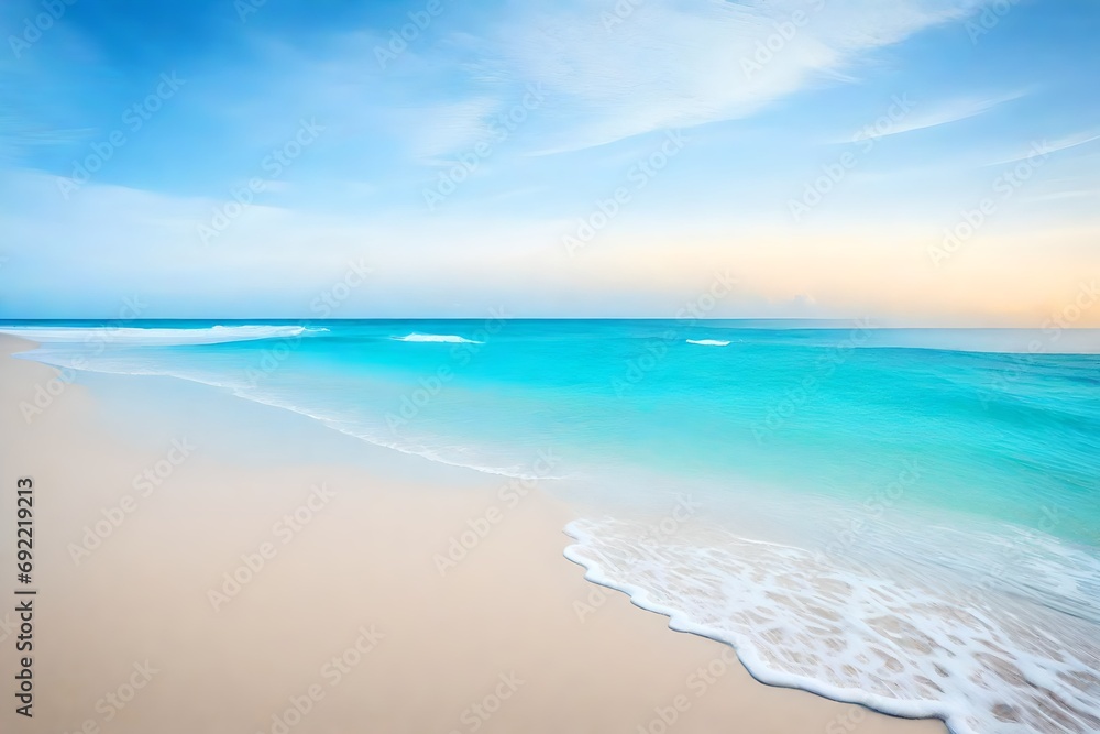 Pristine Beach Escape: Illustrate a pristine beach with soft sands and a vivid blue sky, inviting relaxation and tranquility