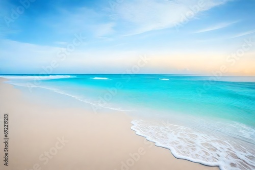 Pristine Beach Escape: Illustrate a pristine beach with soft sands and a vivid blue sky, inviting relaxation and tranquility
