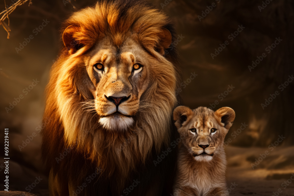 A majestic lion and its cub are posed side by side against a soft, dark background.