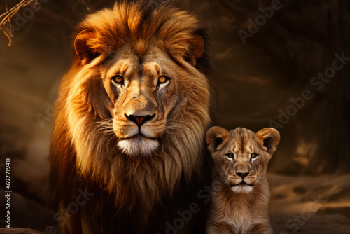 A majestic lion and its cub are posed side by side against a soft, dark background.