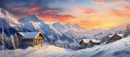 Beautiful view of snow covered houses in village Majestic mountain range against cloudy sky during sunset Holiday homes in alpine region during winter. Copy space image photo