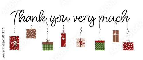 Thank you very much - Schriftzug in englischer Sprache - Vielen Dank. Dankeskarte mit bunten Geschenkpäckchen.