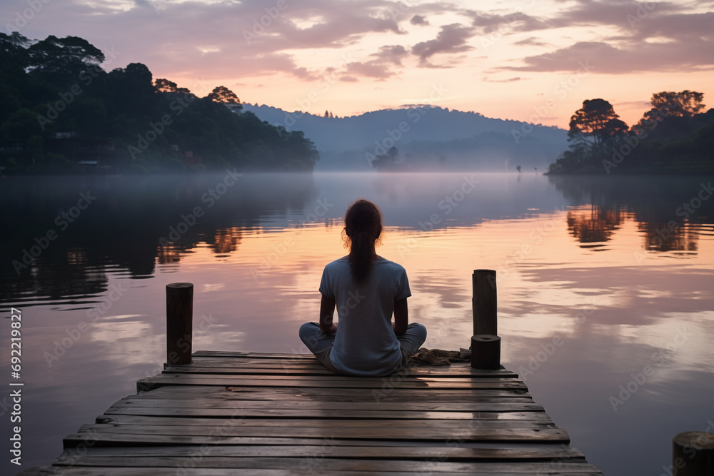 Peaceful lifestyle shot of woman sitting on dock at sunset on Lake Peaceful lifestyle shot of woman sitting on dock at sunset on Lake