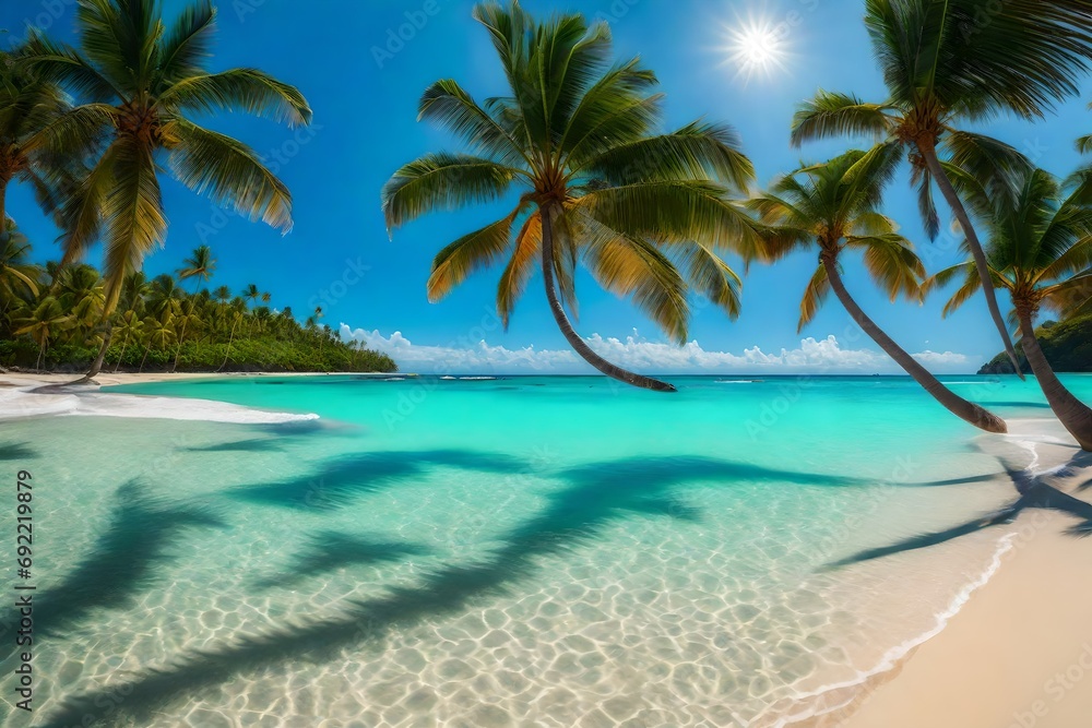 Tropical Paradise: Showcase a palm-lined beach with crystal-clear waters and a vibrant, cloudless sky Tropical Paradise: Showcase a palm-lined beach with crystal-clear waters and a vibrant, cloudless sky