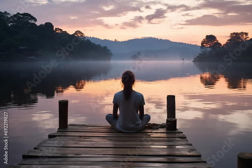 Peaceful lifestyle shot of woman sitting on dock at sunset on Lake