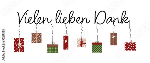 Vielen lieben Dank - Schriftzug in deutscher Sprache. Dankeskarte mit bunten Geschenkpäckchen.