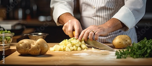 Before preparing the national dish the chef cuts raw potatoes into small pieces with a knife Close up of a cook hands while working in a restaurant kitchen. Copy space image photo