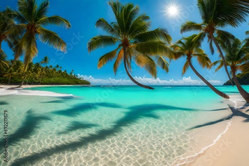 Tropical Paradise: Showcase a palm-lined beach with crystal-clear waters and a vibrant, cloudless sky