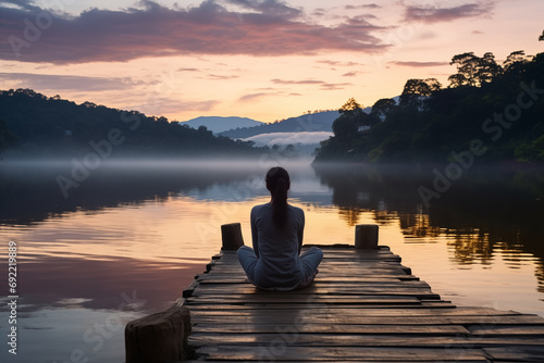 Peaceful lifestyle shot of woman sitting on dock at sunset on Lake