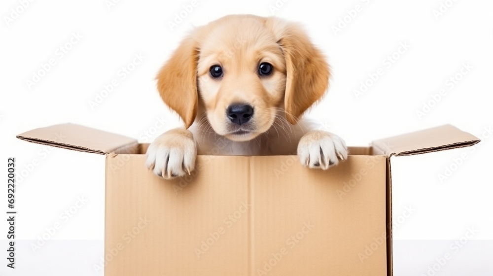 Fototapeta premium Little funny golden retriever puppy dog looks out of the box isolated on white background