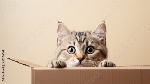 Portrait of a funny cat looking out of the box isolated on white background © BackgroundHolic