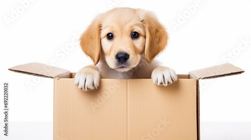 Little funny golden retriever puppy dog looks out of the box isolated on white background © BackgroundHolic