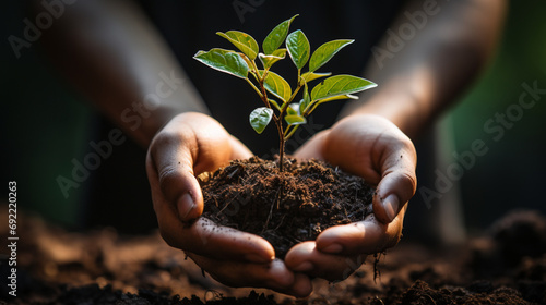 Hand Holding a Young Plant, Sunlit Green Background, Earth Day Celebration...Earth Day: A Symbolic Embrace of Nature with a Hand Holding a Young Plant.