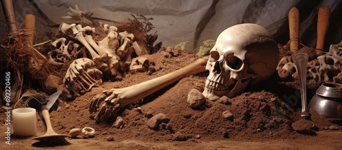 Archaeological excavations man and finds bones of a skeleton in a human burial working tool ruler a detail of ancient research prehistory. Copy space image. Place for adding text or design