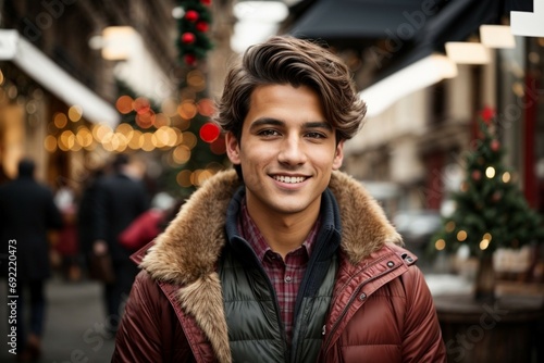 Handsome awesome young man in Santa Claus hat. Fashionable young man in winter clothes over snowy background. Winter background in street or office or clinic blurry