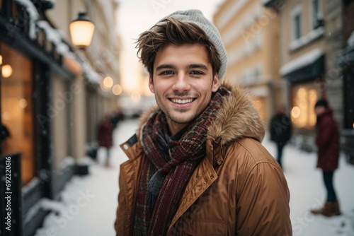 Holidays, christmas, winter and young people concept - smiling young man in warm clothes over snowy mountain street background