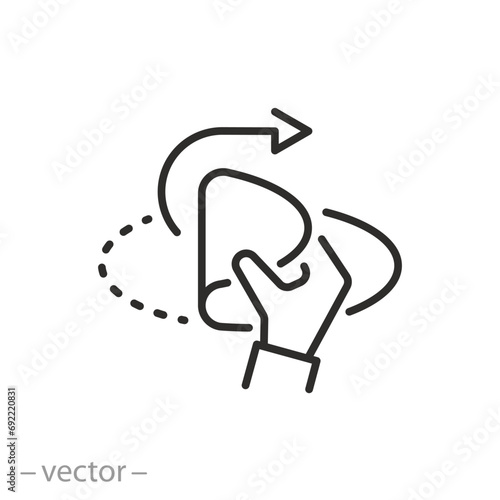 opened or peel off sticker icon, hand for open here, arrow pulling edge, thin line symbol on white background - editable stroke vector illustration eps10