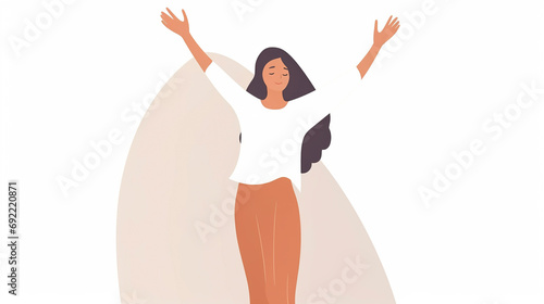 Joyful Minimalistic Drawing of Long-Haired Woman with Raised Arms