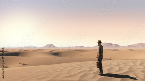 Sand Dune Journey  businessman in hat Descending in Desert